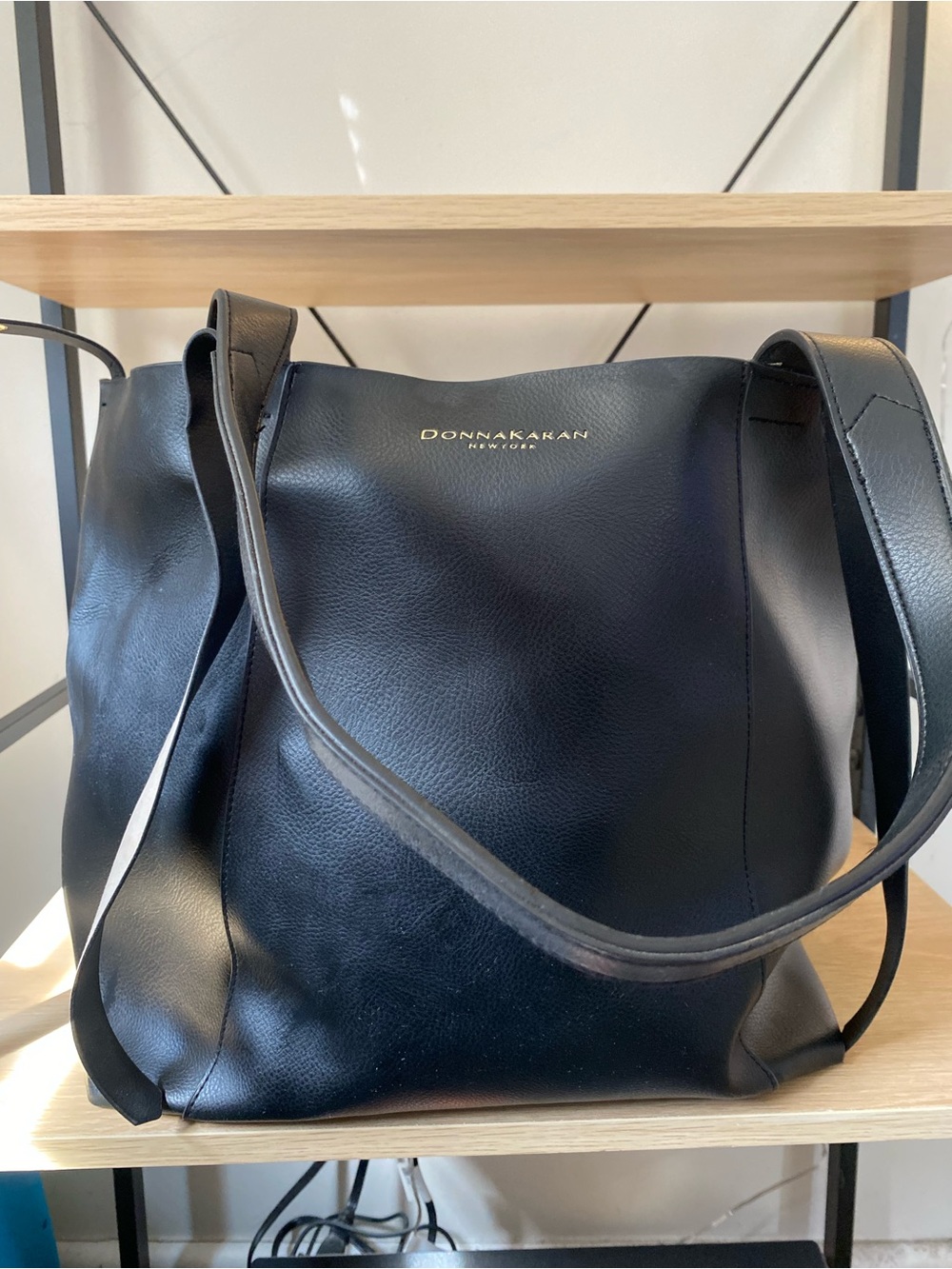 Large Donna Karan Black Leather Shoulder Tote with Gold Logo